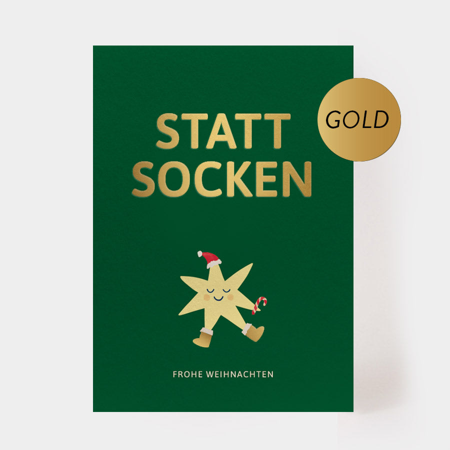 Weihnachtspostkarte "statt Socken" mit Goldprägung