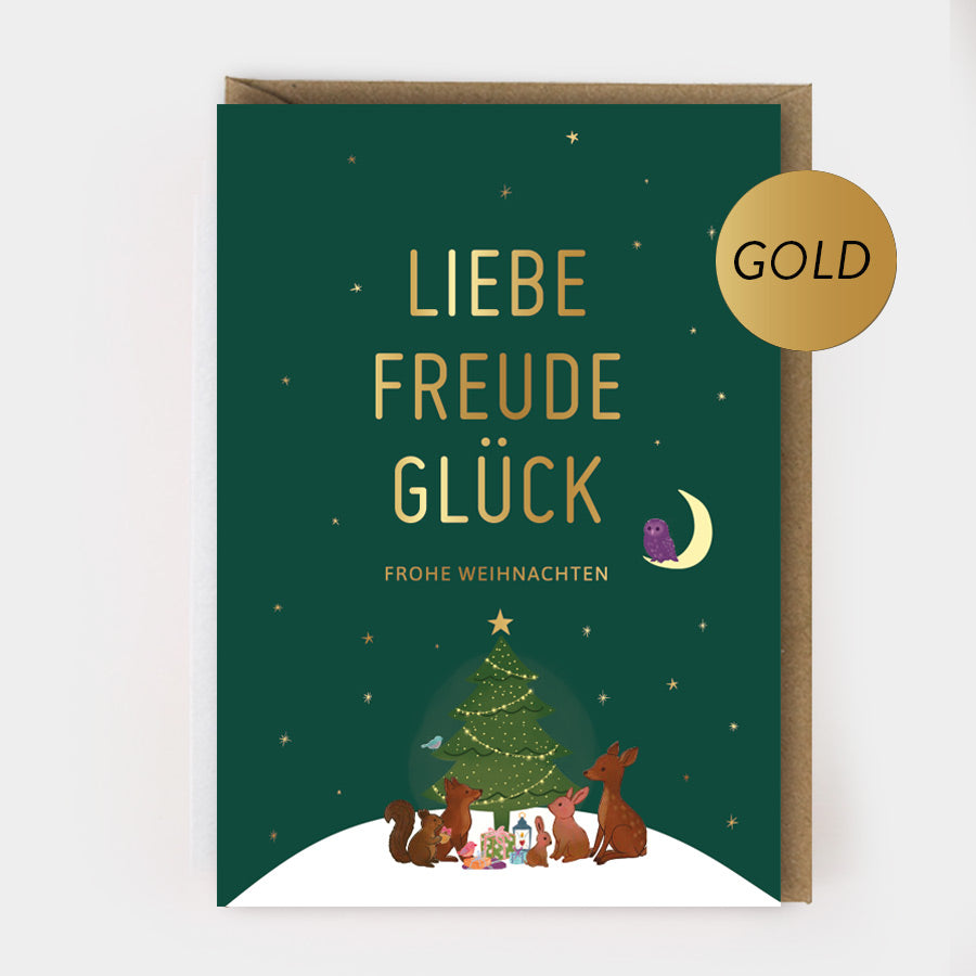 Weihnachtsklappkarte "Waldtiere" mit Goldprägung und Umschlag