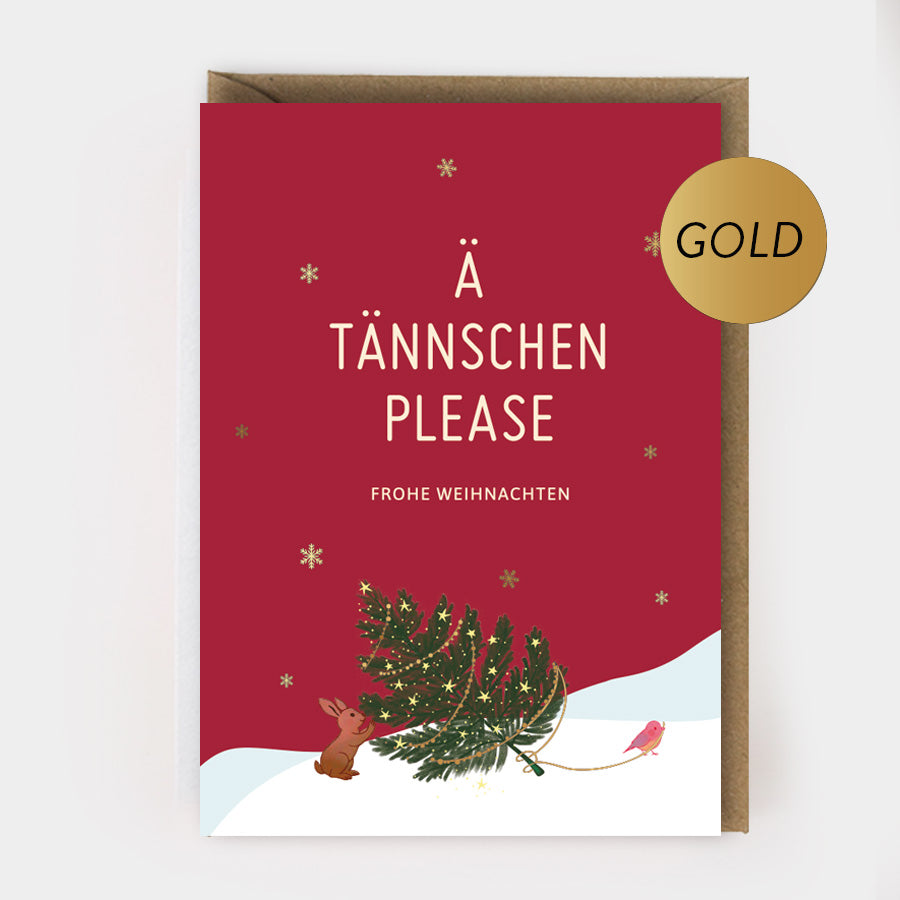 Weihnachtsklappkarte "Ä Tännschen please" mit Goldprägung und Umschlag