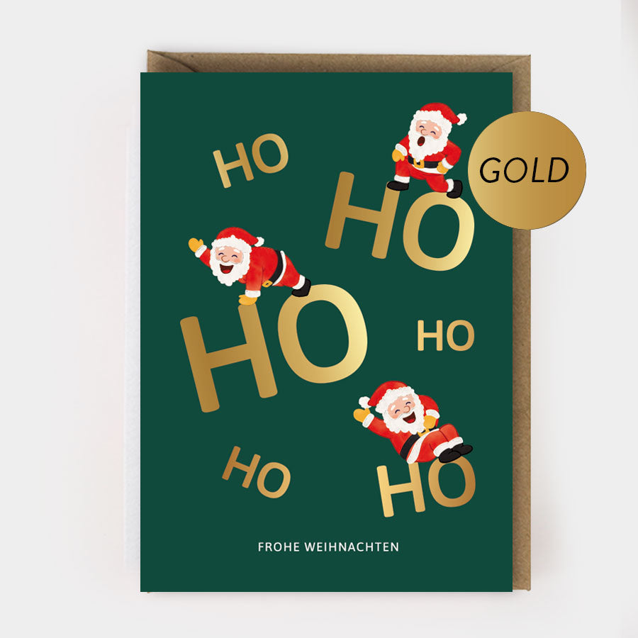 Weihnachtsklappkarte „Ho Ho Ho“ mit Goldprägung und Umschlag